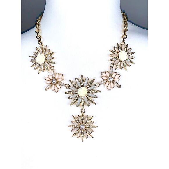 INC Gold Tone Crystal and Faux Pearl Starburst Floral Statement Necklace - Picture 8 of 10